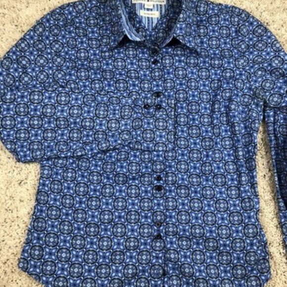 Tommy Hilfiger Boys Size Medium Long Sleeve Blue Button Up Shirt Geometric - Picture 1 of 9